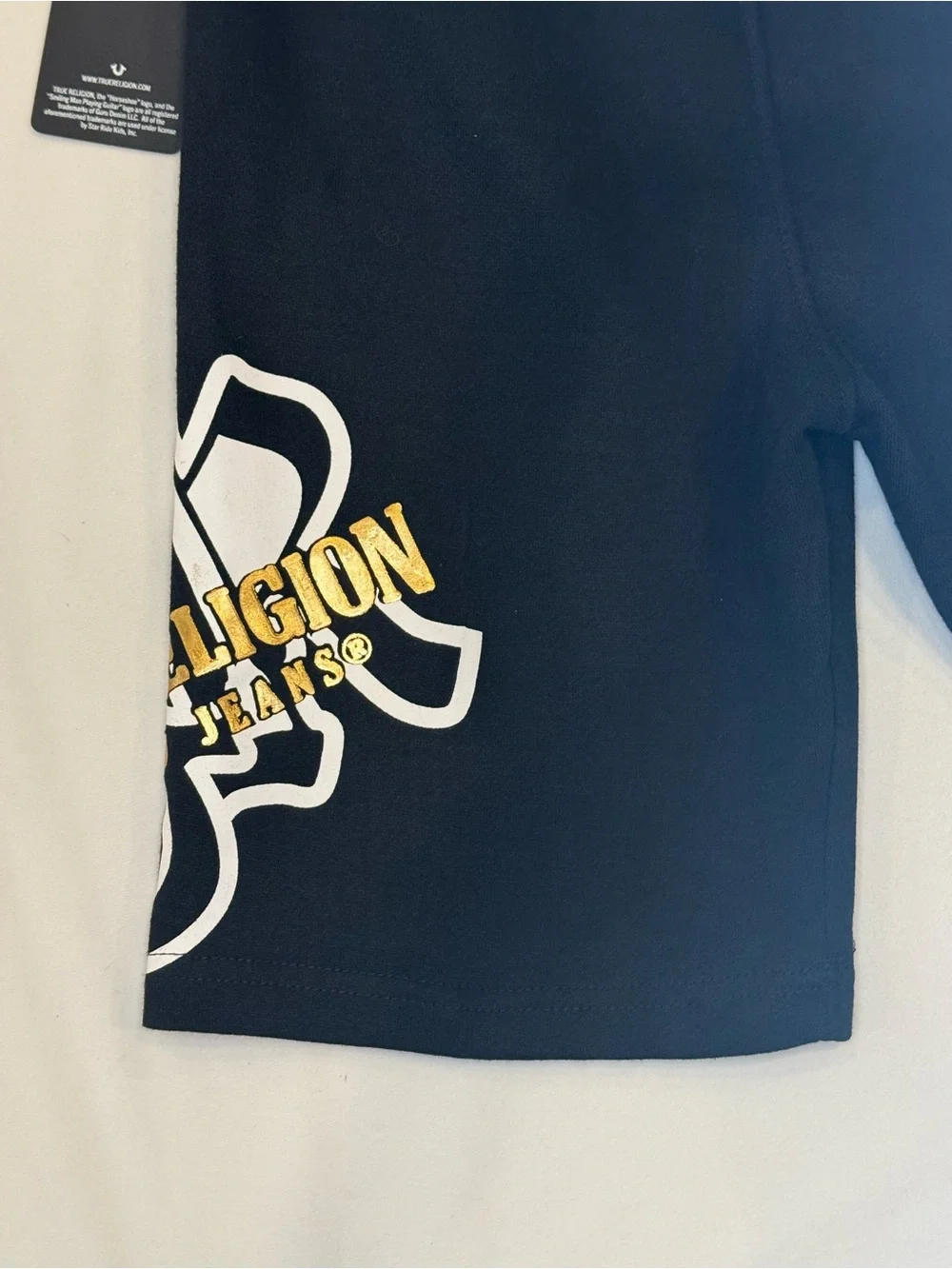 True Religion World Tour Sweat Shorts Kids M 10/12 Black Gold Foil NWT